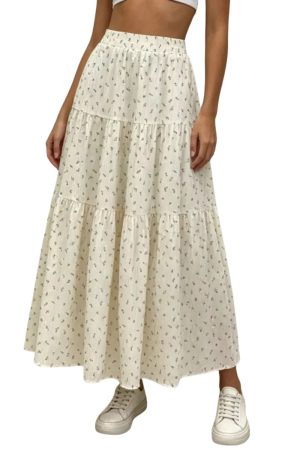 Vensora Floral Print Tiered Flowy Maxi Skirt