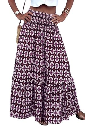 Vensora Geometric Print Smocked Waist Maxi Skirt