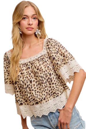 Vensora Leopard Lace Square Neck Top