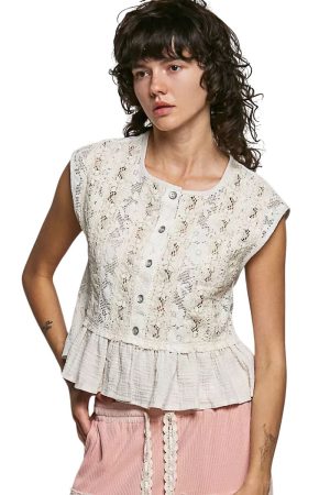 Vensora Round Neck Lace Ruffle Sleeveless Top