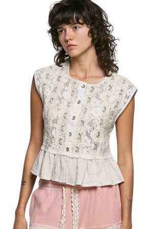 Vensora Round Neck Lace Ruffle Sleeveless Top