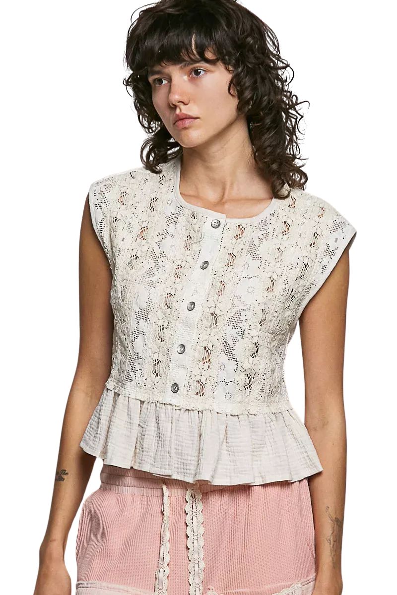 Vensora Round Neck Lace Ruffle Sleeveless Top
