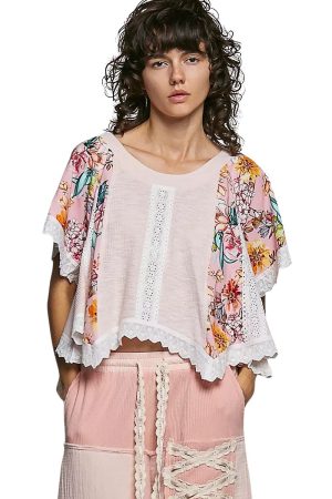 Vensora Round Neck Ribbed Lace Crop Top
