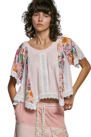 Vensora Round Neck Ribbed Lace Crop Top